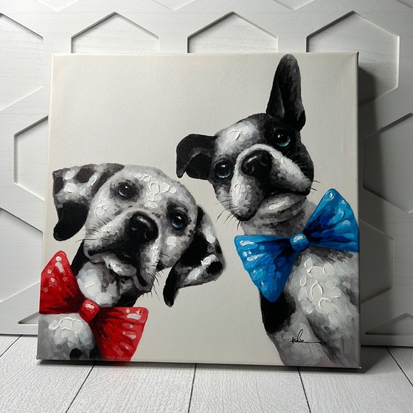 Canvas Painting Dalmatian & Pug Red & Blue Bow Ties [Best Friends] - Picture 1 of 5